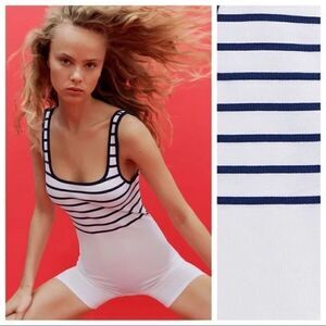 Zara Limitless Contour Strappy Seamless Unitard white with Blue Stripe